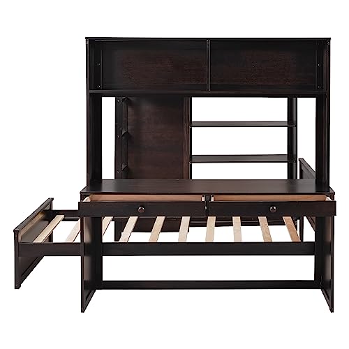 Harper & Bright Designs Full Over Twin Bunk Bed with Desk and Storage, Solid Wood, Gray L8927