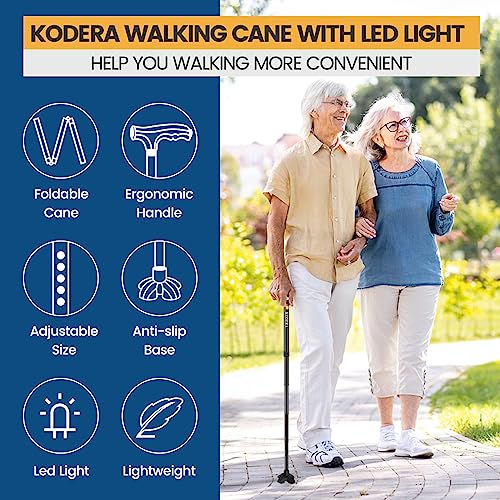 Kodera Folding Walking Cane with LED Light, Adjustable Aluminum J8019