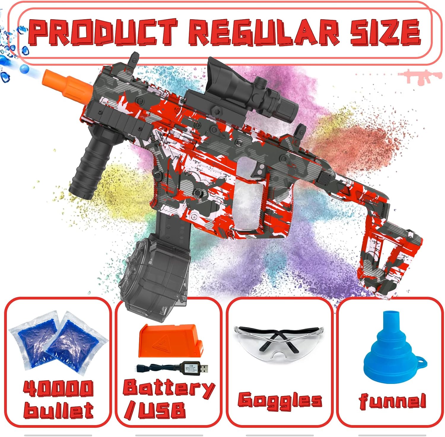JIFTOK Electric Gel Ball Blaster with Goggles, Rechargeable Splatter Ball Toy for Outdoor Shooting Games, Red L64169