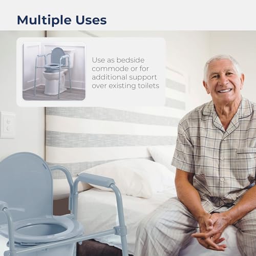 Drive Medical Folding Steel Bedside Commode Chair, Portable Toilet, 350 lb Capacity, Grey D8485