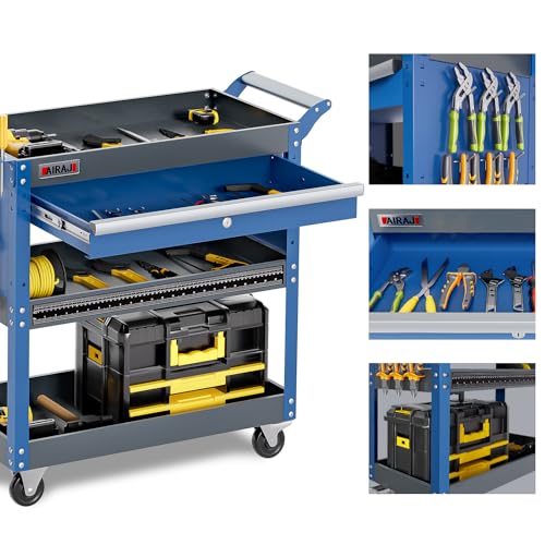 3 Tier Rolling Tool Cart with Drawers, 440 LBS Capacity, Blue F894