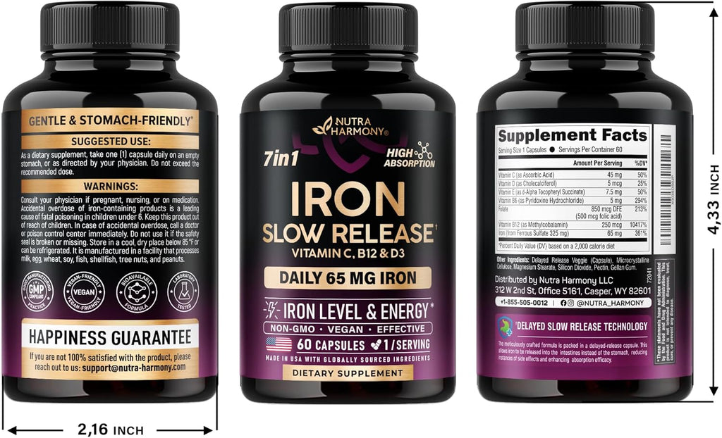 Iron Supplement for Women 65mg Ferrous Sulfate with Vitamins C D3 B6 B12 Folate, 60 Capsules Q71879