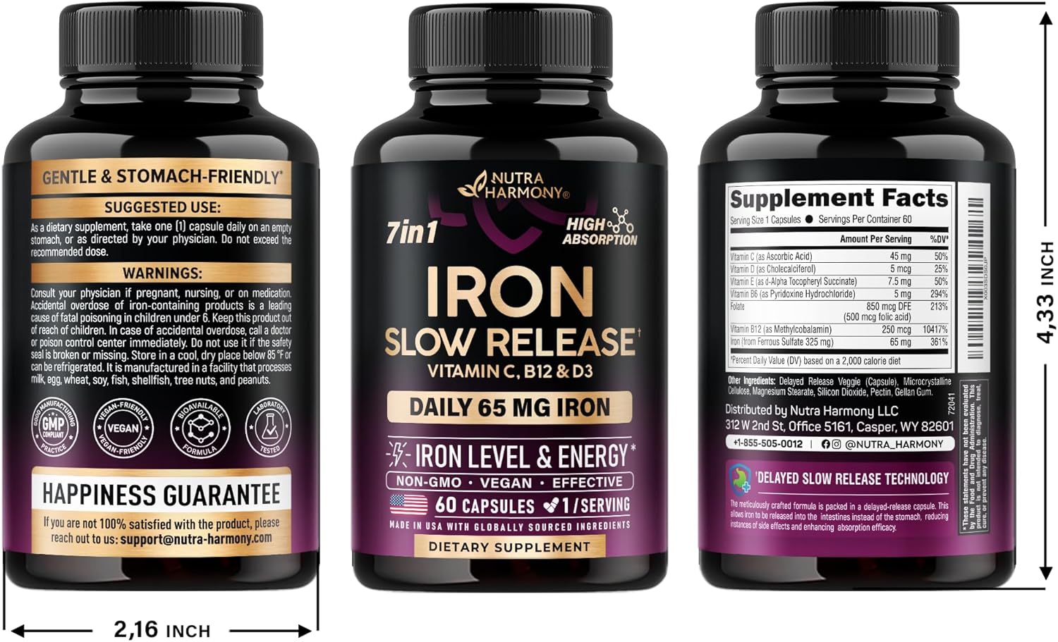 Iron Supplement for Women 65mg Ferrous Sulfate with Vitamins C D3 B6 B12 Folate, 60 Capsules Q71879