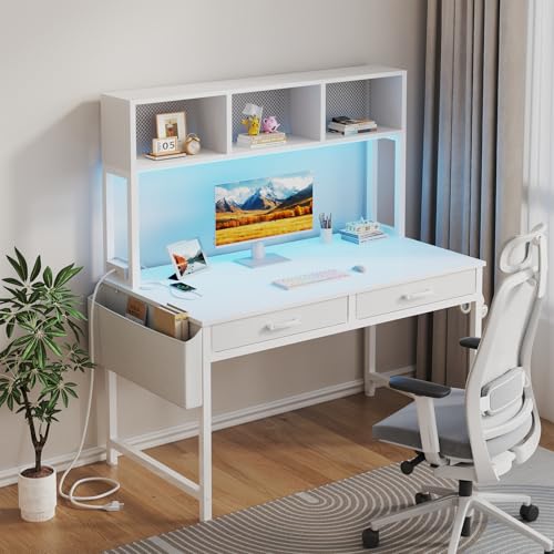 Black Gaming Desk with Hutch and Shelves, 47 Inch with LED Light and Power Outlets C685