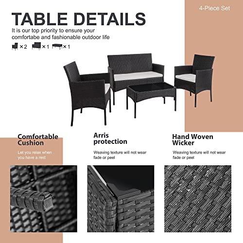 Shintenchi 4 Piece Outdoor Patio Furniture Set with Rattan Chairs and Glass Coffee Table, Black W6133