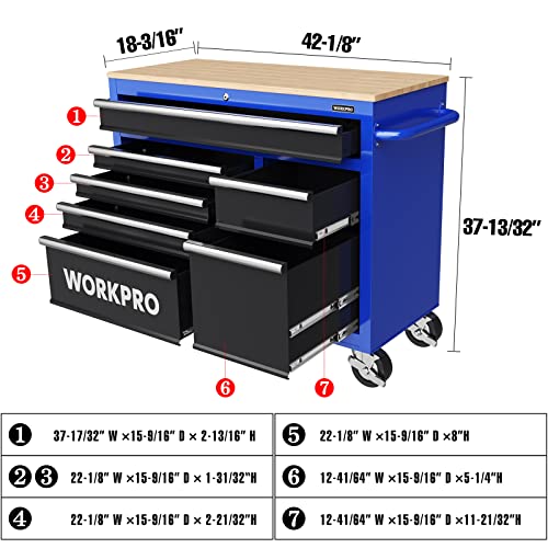 WORKPRO 46-Inch 9-Drawer Rolling Tool Chest with Wooden Top R9148
