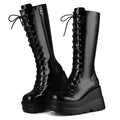 CELNEPHO Womens High Platform Mid Calf Wedges Chunky High Heel Round-Toe Side Zip Punk Combat Boots For Women