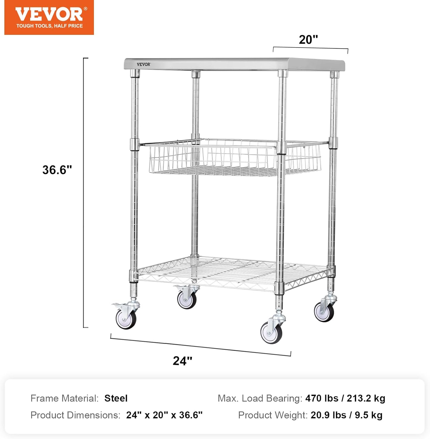 VEVOR Kitchen Utility Cart, 3-Tier Steel Rolling Cart with Brake Wheels X906