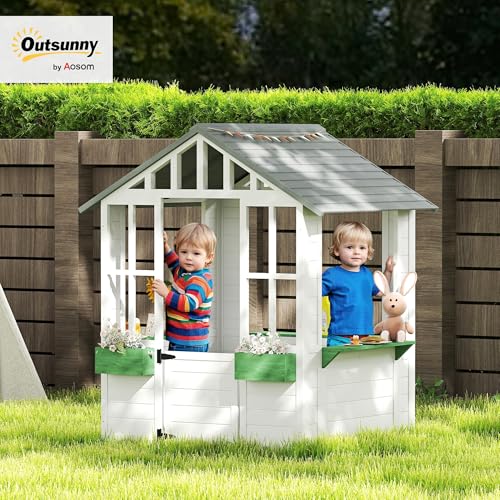 Outsunny Kids Wooden Playhouse with Working Door and Windows, White O609