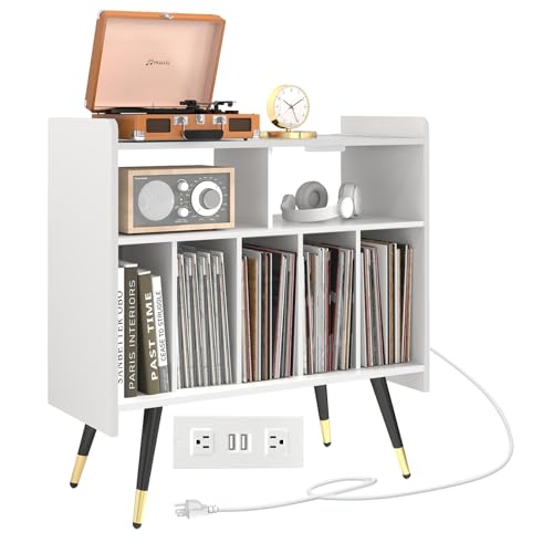 Large Record Player Stand, Black Vinyl Record Storage Cabinet with Power Outlet, Record Player Table Holds up to 350 Albums, Mid-Century End Table Turntable Stand for Living Room,Office