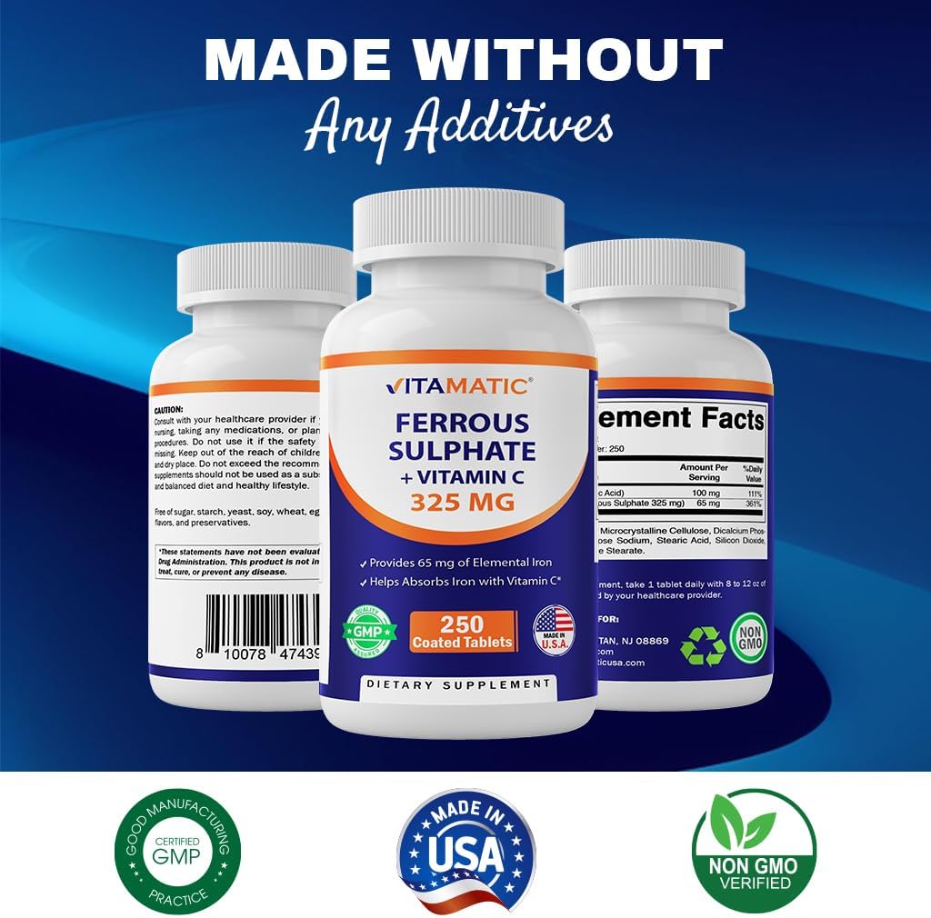 Vitamatic Ferrous Sulphate 325 mg + Vitamin C 100 mg Iron Supplement, 250 Coated Tablets J387