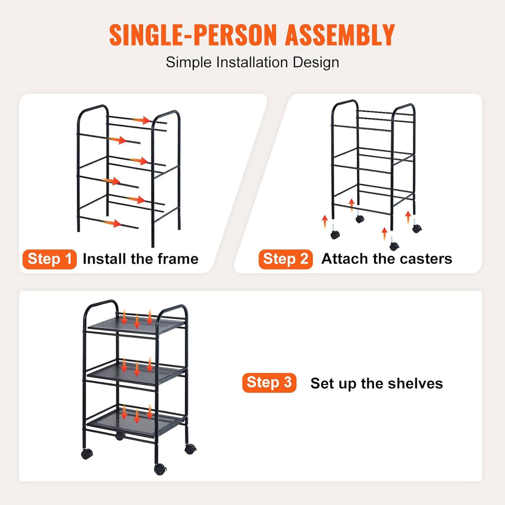 VEVOR 3-Tier Metal Rolling Cart with Lockable Wheels, Black Q103026