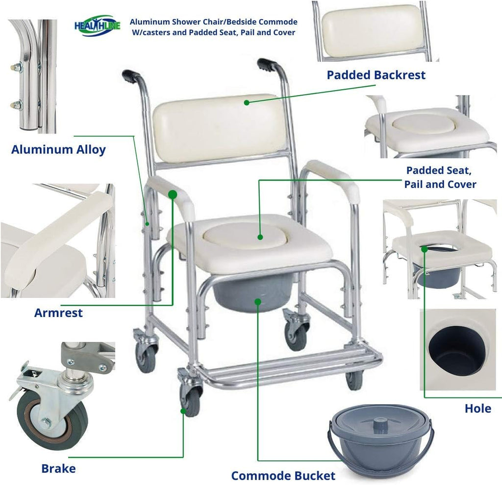 HEALTHLINE Shower Bedside Commode Chair with Wheels and Padded Seat J138572