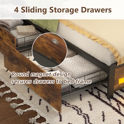 King Size Bed Frame with Storage Drawers and Bookcase Headboard, LED Lights, Vintage Brown K9476