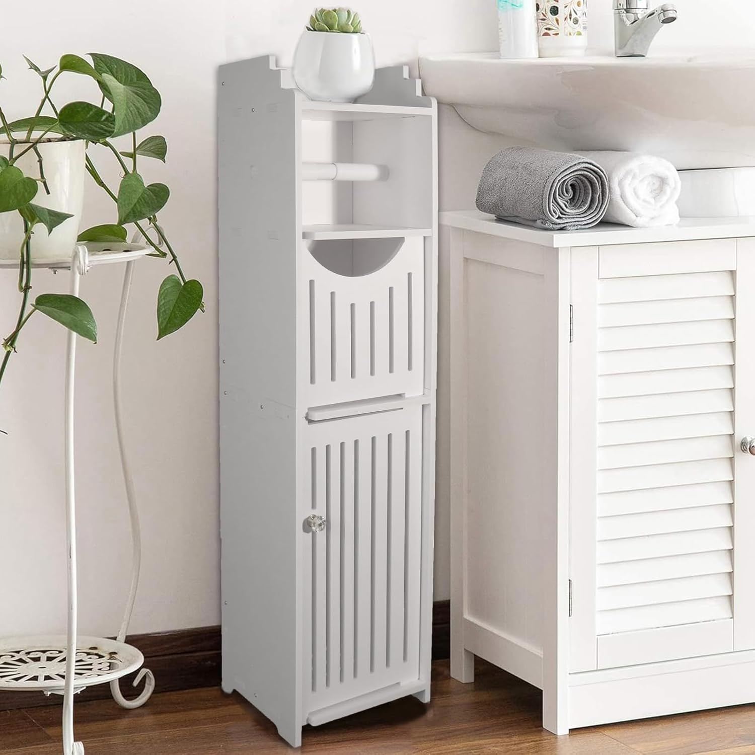Small Bathroom Storage Cabinet with Toilet Paper Holder, White R36859
