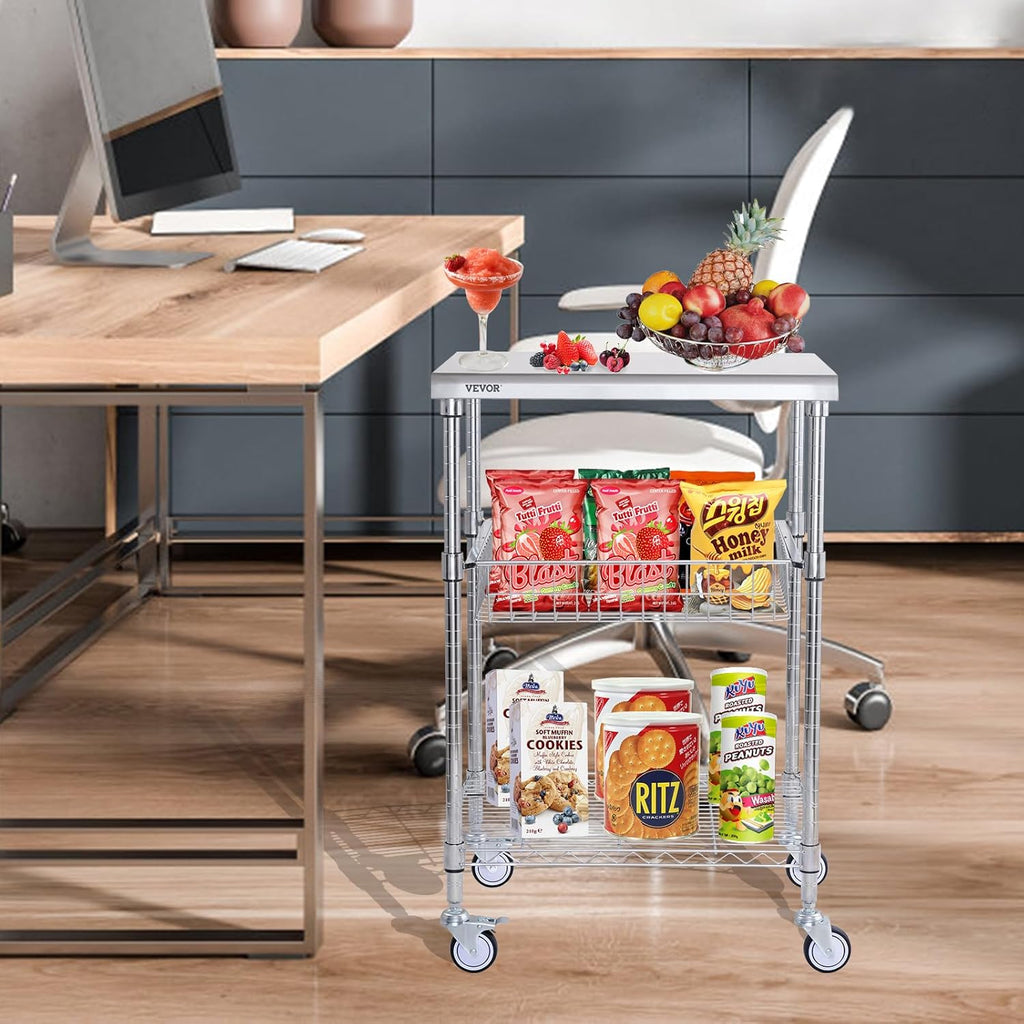 VEVOR Kitchen Utility Cart, 3-Tier Steel Rolling Cart with Brake Wheels X906