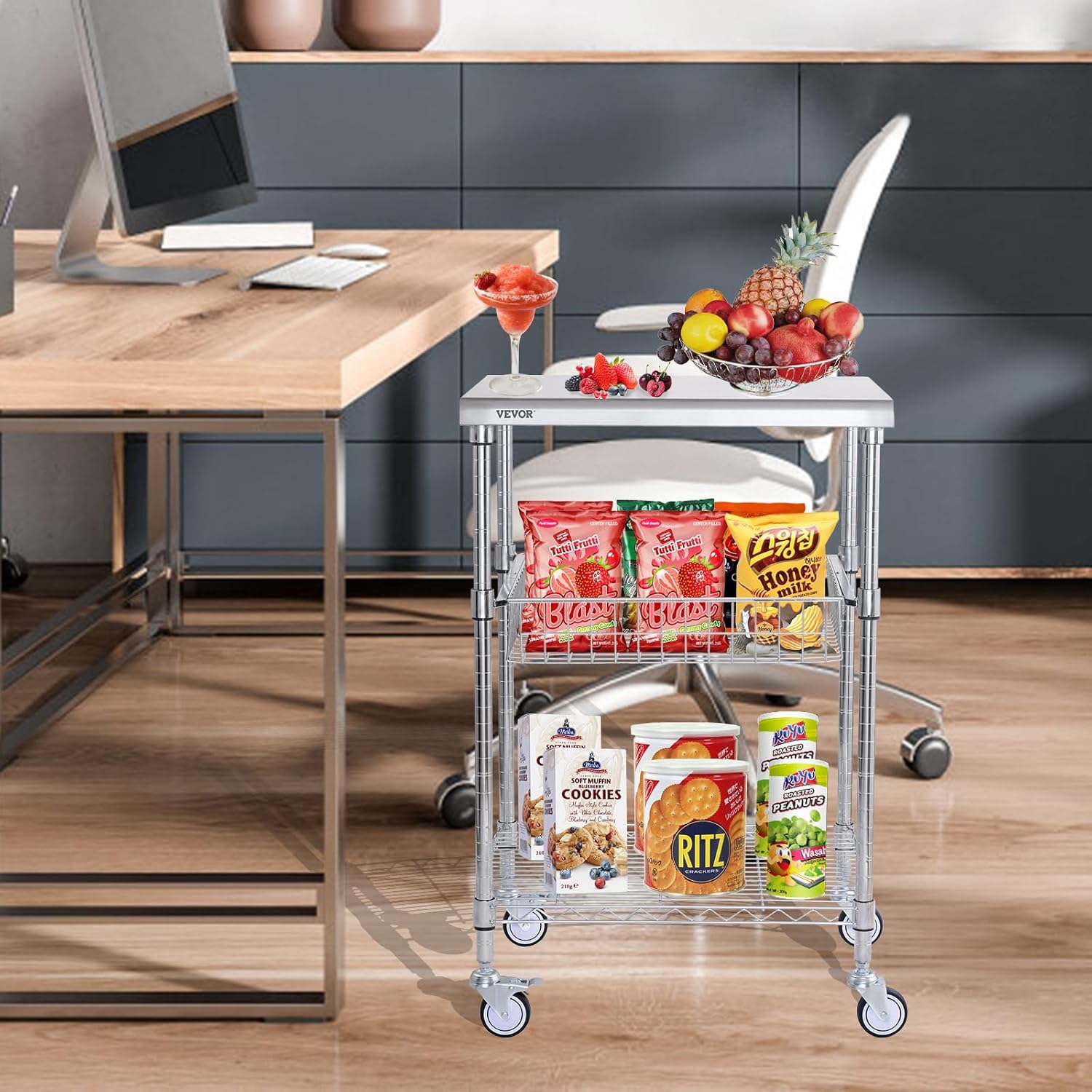 VEVOR Kitchen Utility Cart, 3-Tier Steel Rolling Cart with Brake Wheels X906