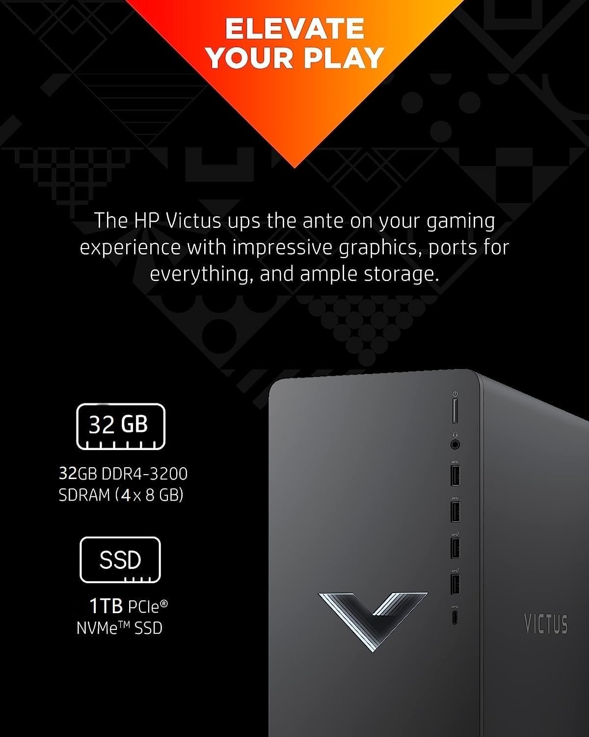 HP Victus 15L Gaming Desktop PC, AMD Ryzen 5 5600G, RX6400, 32GB RAM, 1TB SSD + 1TB HDD, Windows 11 U5711
