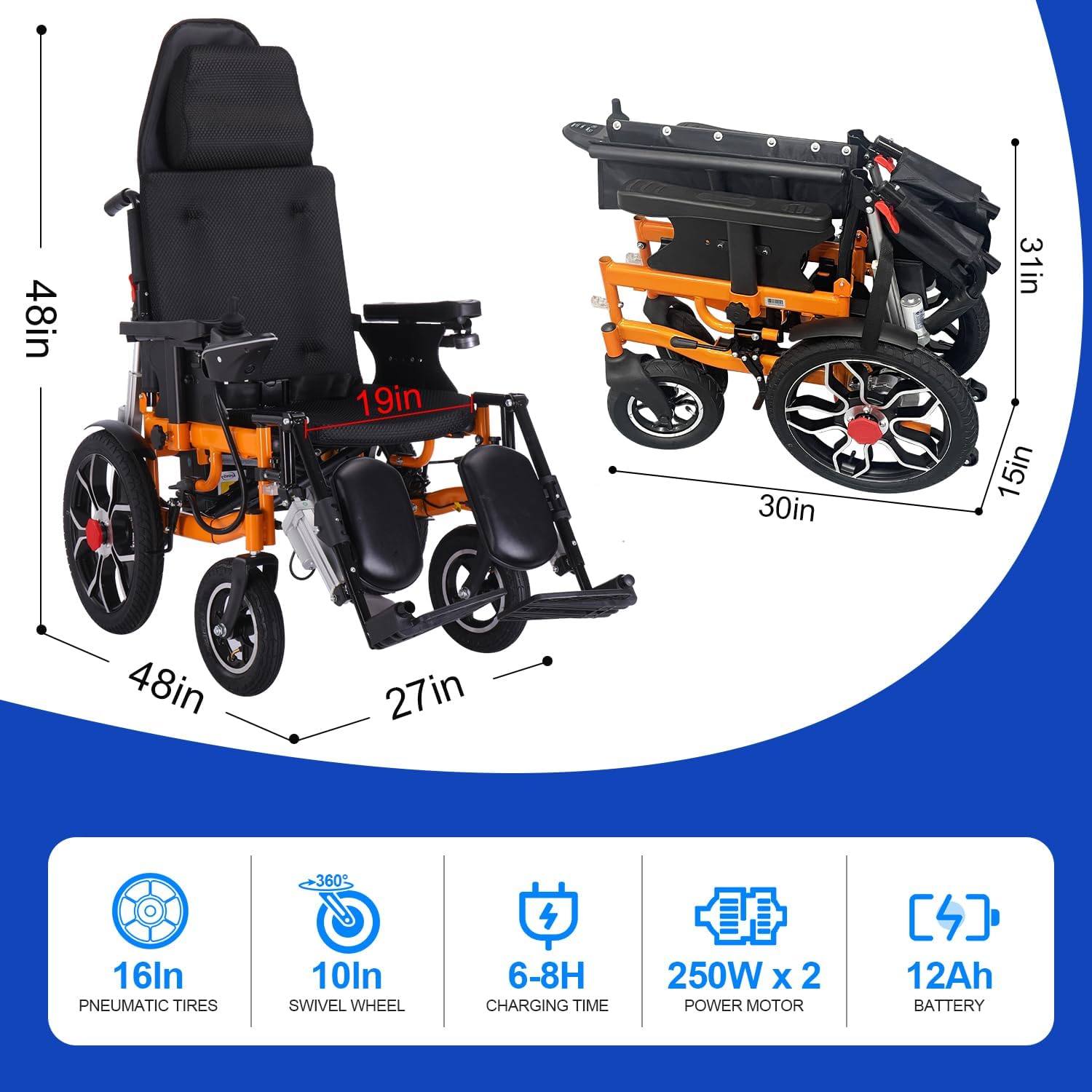 Reclining Electric Wheelchair for Adults, Foldable, 20-Mile Range O4079
