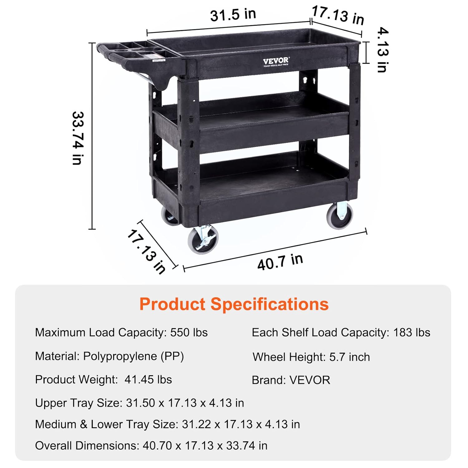 VEVOR Utility Service Cart, 3 Shelf 550LBS, 360° Swivel Wheels, Black D642355