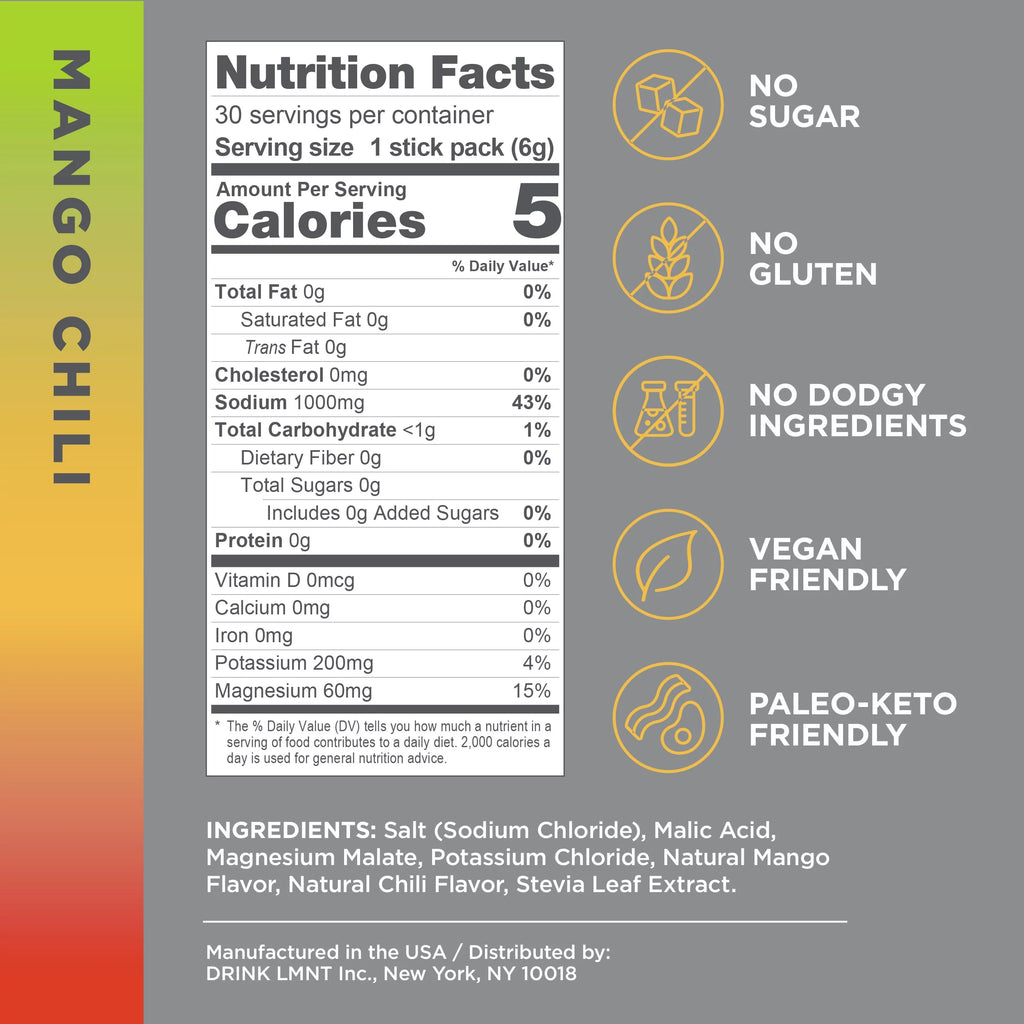LMNT Electrolyte Drink Mix Hydration Powder Mango Chili 30 Stick Packs Y3927