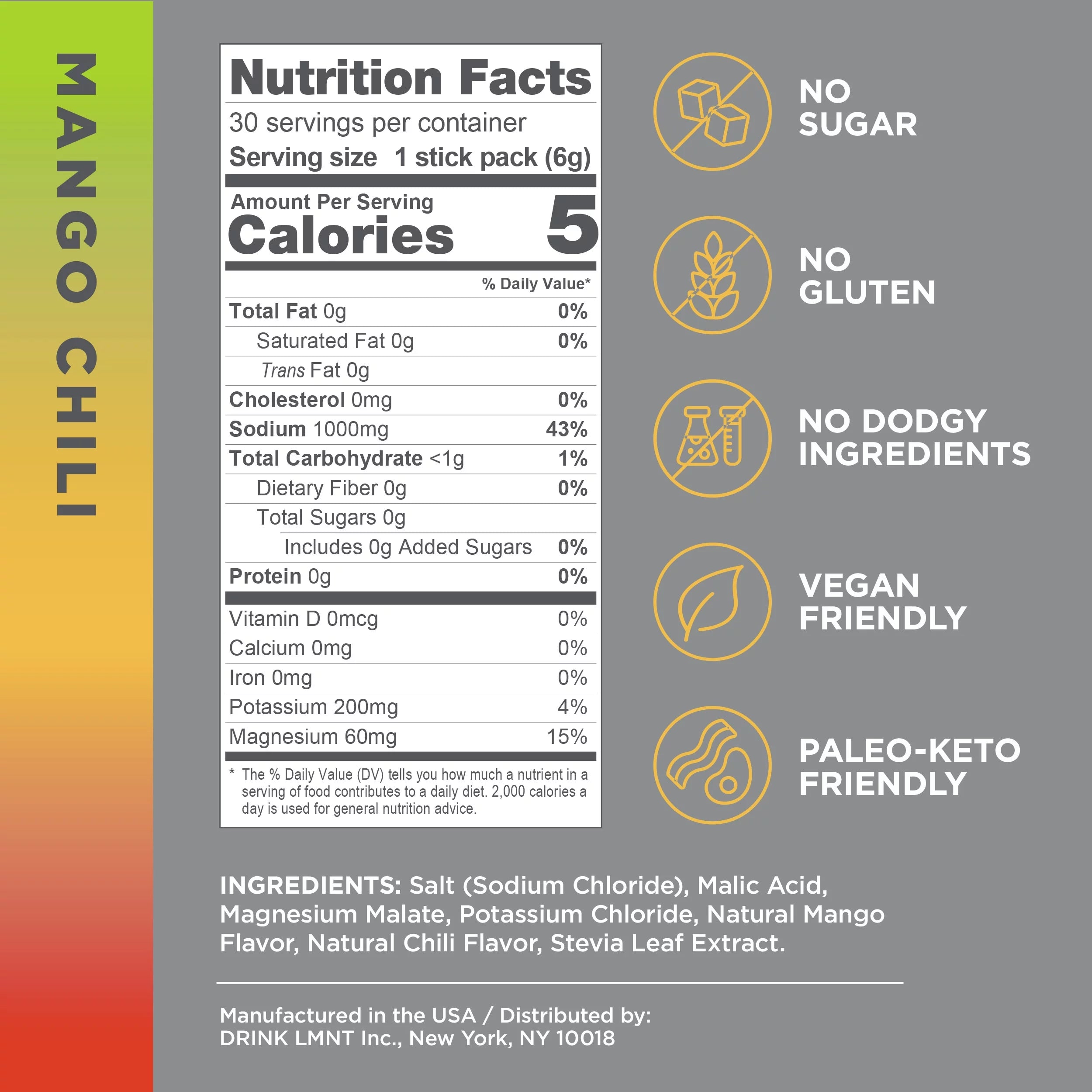 LMNT Electrolyte Drink Mix Hydration Powder Mango Chili 30 Stick Packs Y3927