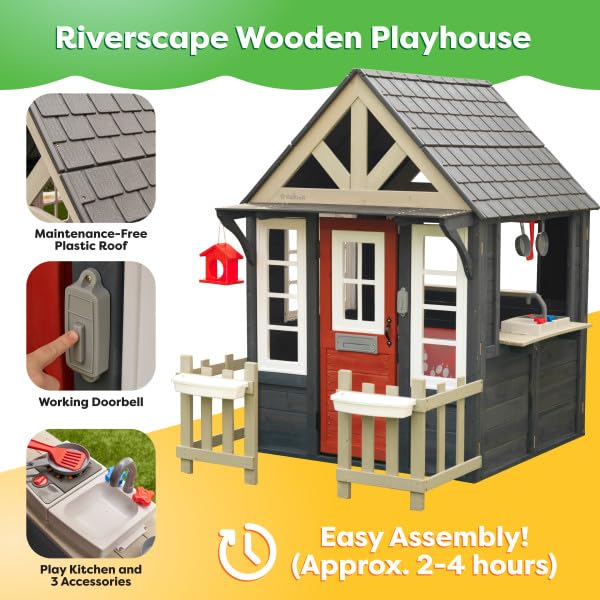 KidKraft Riverscape Wooden Playhouse with Working Doorbell and Kitchen D436389