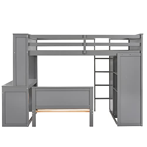 Harper & Bright Designs Full Over Twin Bunk Bed with Desk and Storage, Solid Wood, Gray L8927