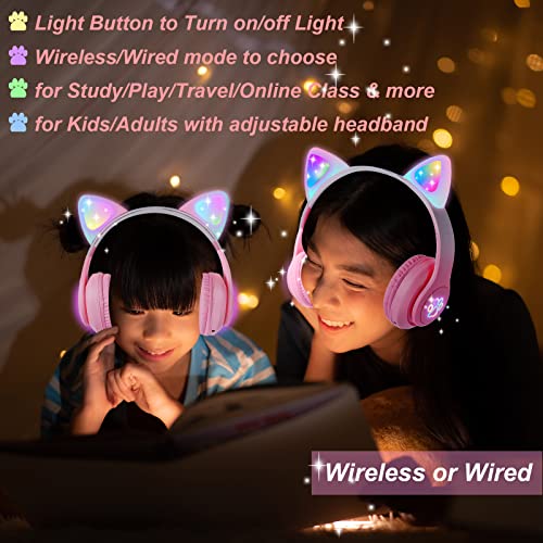 Cat Ear Kids Headphones Bluetooth LED Wireless Over Ear with Microphone Pink D91528