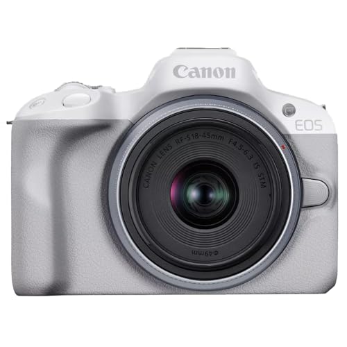 Canon EOS R50 Mirrorless Camera with RF-S 18-45mm Lens, White, Bundle with Bag, Batteries & Memory Cards S656267