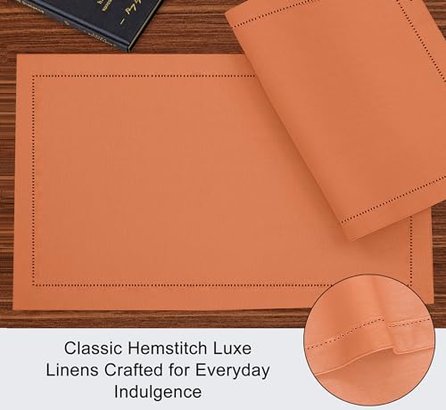 Ruvanti Linen Placemats Set of 6, 13x19 Inch, Hemstitch, Heat Resistant, Machine Washable, Ivory C907