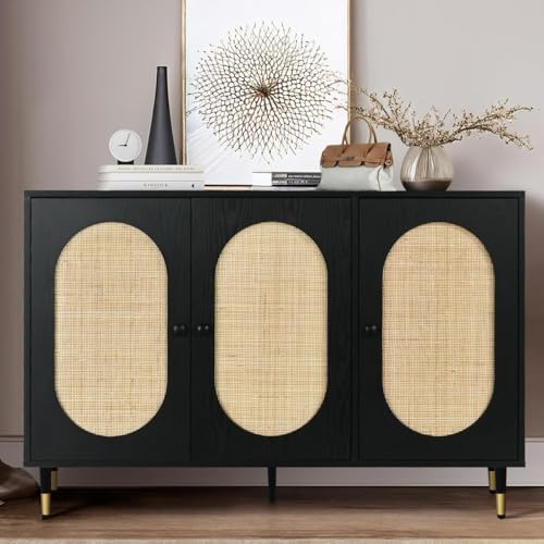 Black Rattan Buffet Cabinet 3 Doors with Storage, 47" Sideboard U11879