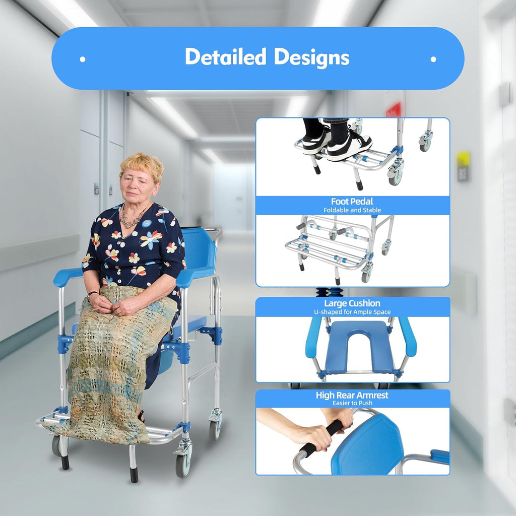 Shower Commode Wheelchair with 4 Universal Wheels, Foldable Pedal, 330Lbs Capacity N2946