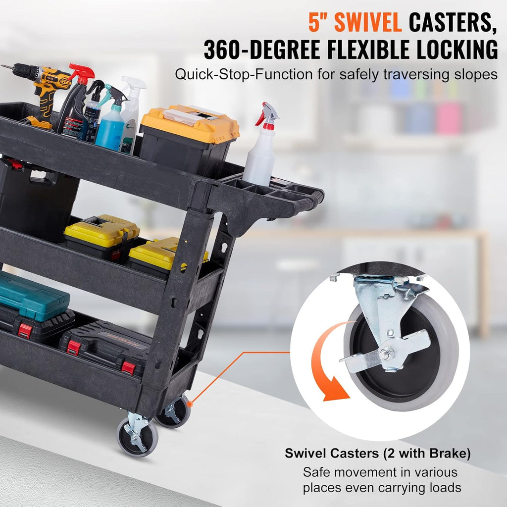 VEVOR Utility Service Cart, 3 Shelf 550LBS, 360° Swivel Wheels, Black D642355