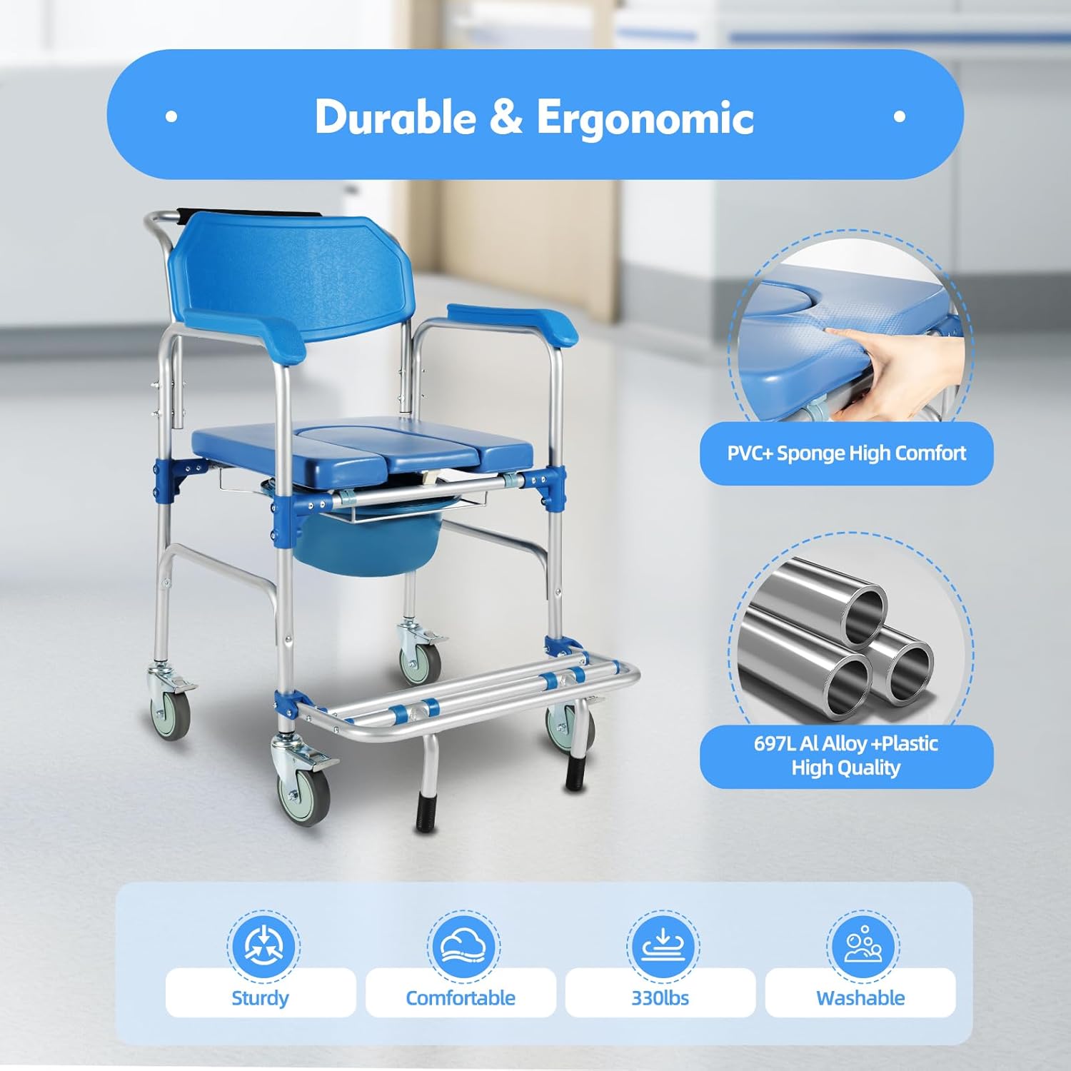Shower Commode Wheelchair with 4 Universal Wheels, Foldable Pedal, 330Lbs Capacity N2946