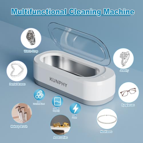 KUNPHY Ultrasonic Jewelry Cleaner, 12oz 46KHz, One-Touch Operation, White W240