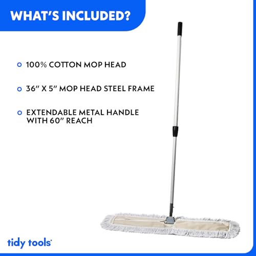 Commercial Dust Mop 24 in for Hardwood Floors, Reusable Cotton Head, Extendable Handle L1897