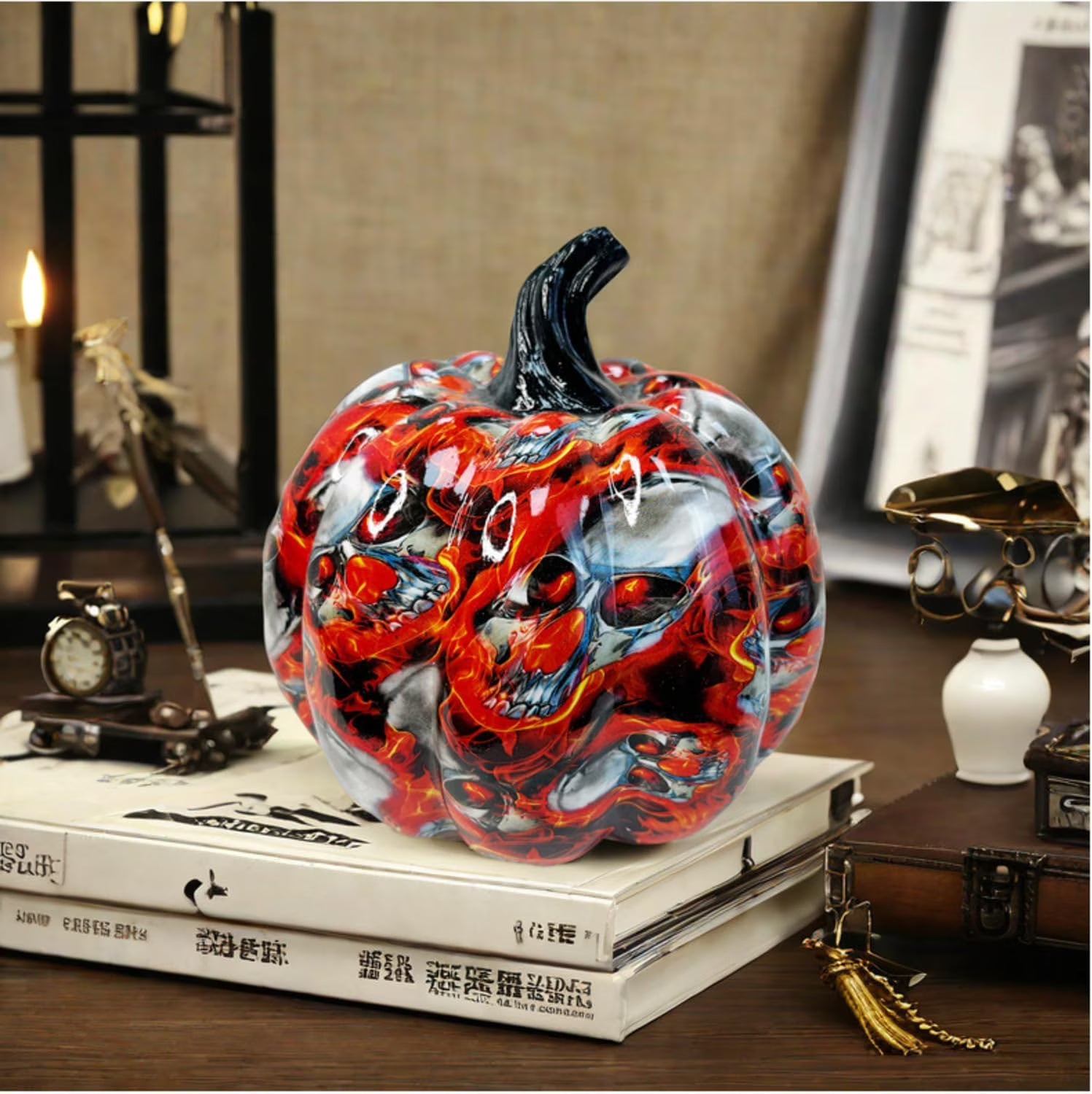 Halloween Pumpkin Desktop Ornaments Decorations Resin Colored Ghost Pumpkin Horror Atmosphere Desktop Ornaments Halloween Pumpkin Candy Decorations Trick or Treat (White L)