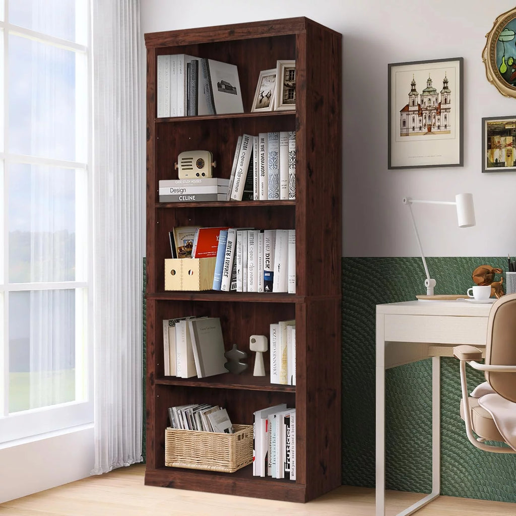 ENSTVER Wooden 5-Shelf Bookcase with Adjustable Shelves, Cherry D581