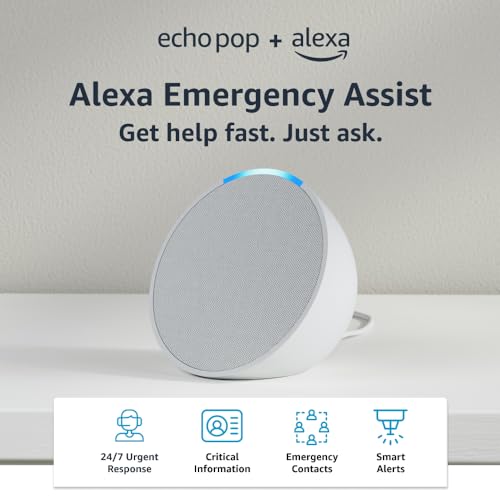 Echo Pop + Alexa Emergency Assist Monthly (auto-renewal) | Full sound compact smart speaker | Glacier White