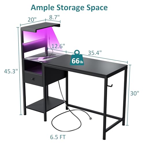 48 inch Reversible Gaming Desk with LED Lights & Power Outlets, Black B9849