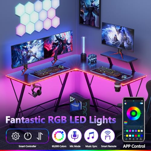 Mr IRONSTONE Gaming Desk with LED Lights, L Shaped Corner Desk, Black 51 Inch X2072
