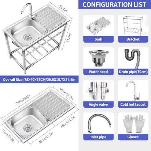 Outdoor Utility Sink, Free Standing Stainless Steel Laundry Tub with Storage Shelves K772