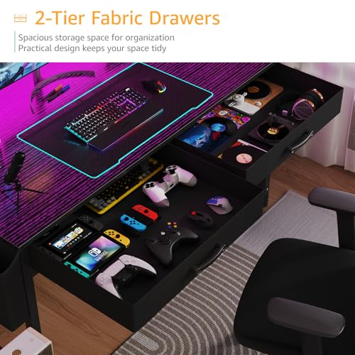 Black Gaming Desk with Hutch and Shelves, 47 Inch with LED Light and Power Outlets C685