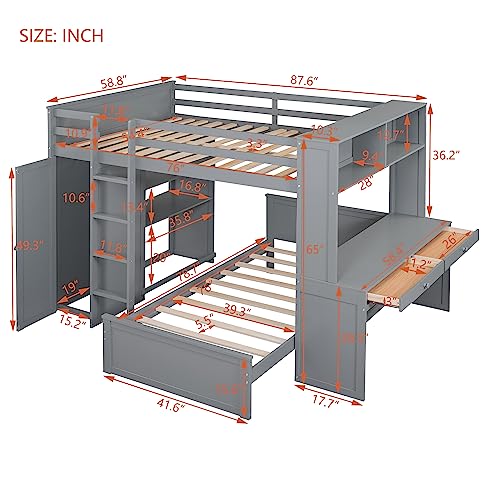 Harper & Bright Designs Full Over Twin Bunk Bed with Desk and Storage, Solid Wood, Gray L8927