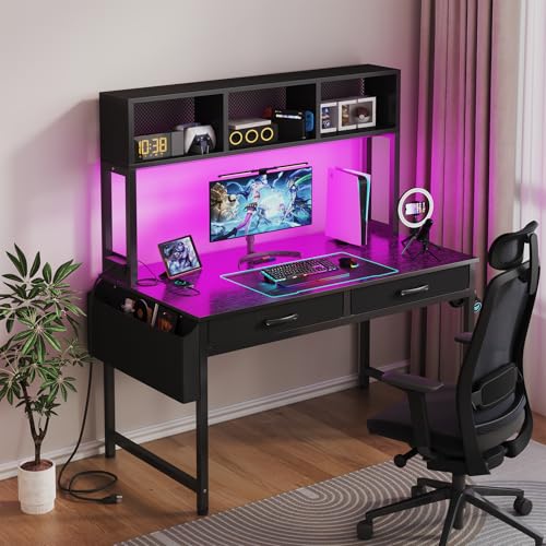 Black Gaming Desk with Hutch and Shelves, 47 Inch with LED Light and Power Outlets C685