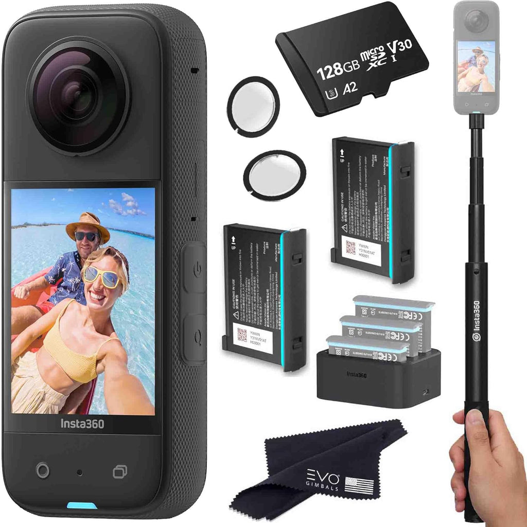 insta360 X3 - Waterproof 360 Action Camera Bundle Includes Extra 2 Batteries, Charger, Invisible Selfie Stick, Lens Guard & 128GB Memory Card Black