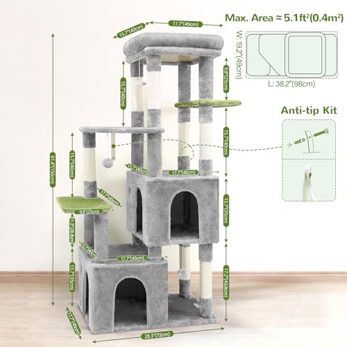 F61 Cat Tower for Indoor Cats, Heavy Duty with Scratching Post, Light Grey, 61 inch H2542