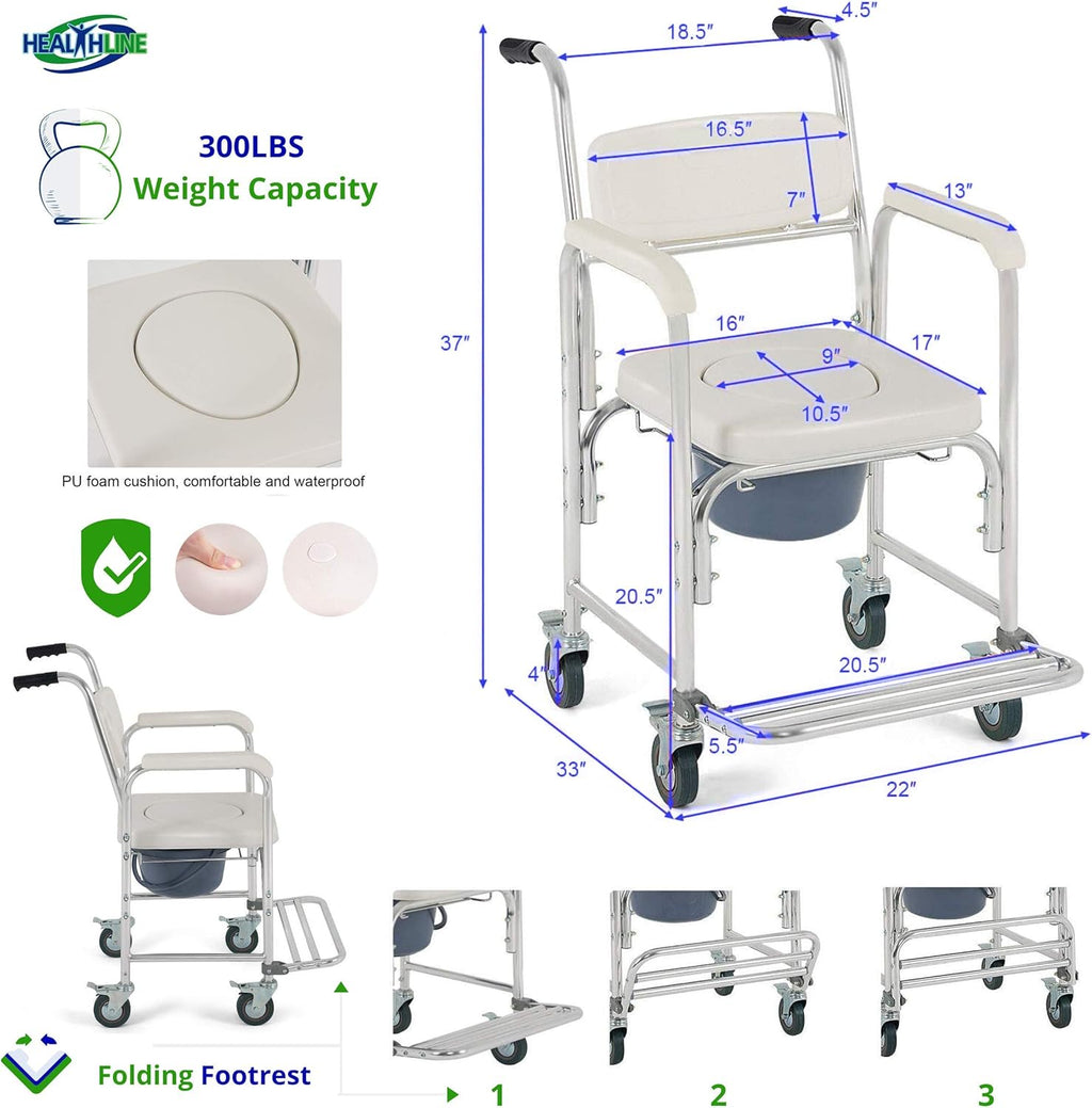 HEALTHLINE Shower Bedside Commode Chair with Wheels and Padded Seat J138572