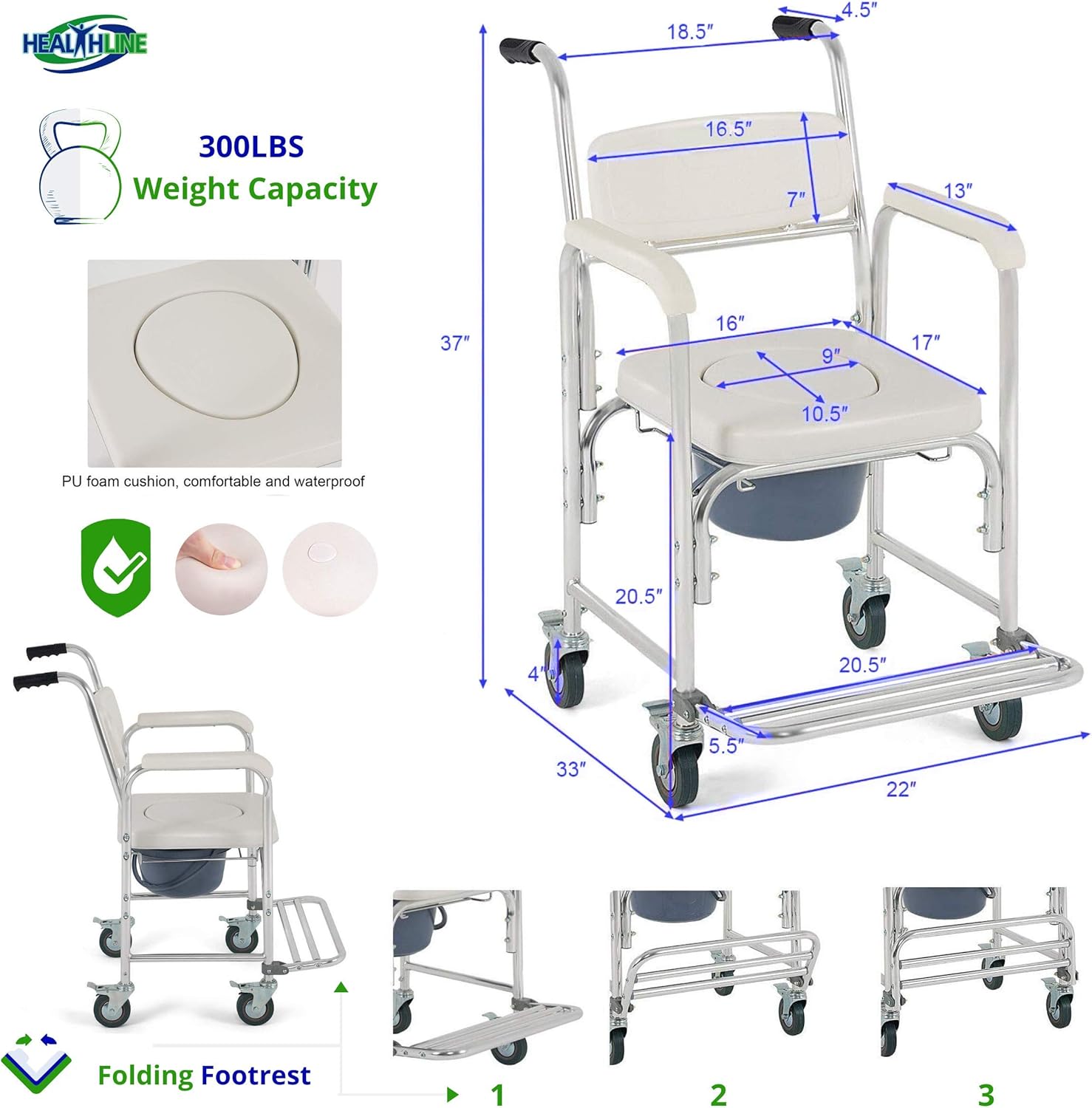 HEALTHLINE Shower Bedside Commode Chair with Wheels and Padded Seat J138572